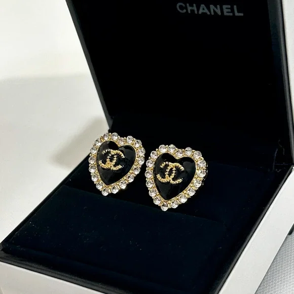 18K Gold Plated Luxury Crystal Trim Heart .925 Designer CC Logo Black Crystals - Picture 2 of 5